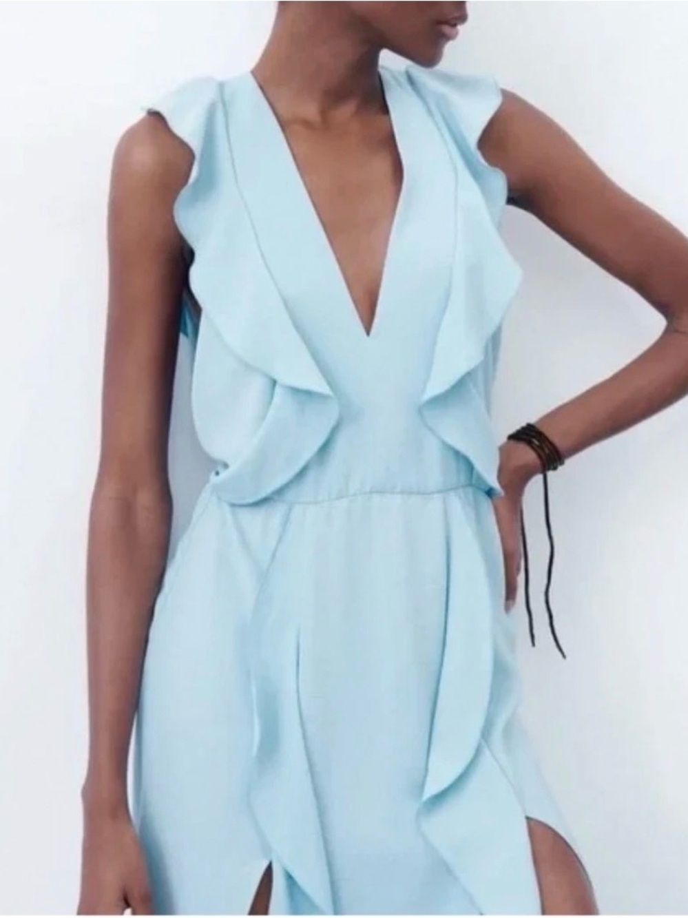 Zara Light Blue Ruffle V-Neck Midi Dress worn once!